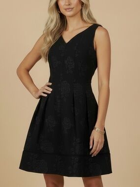 NWT TAYLOR Black Floral V-Neck Sleeveless Fit & Flare Lined Dress Size 6